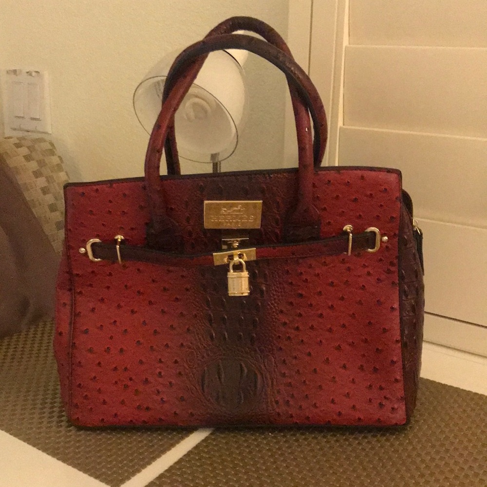 Red Structured Tote Handbag with Gold Hardware